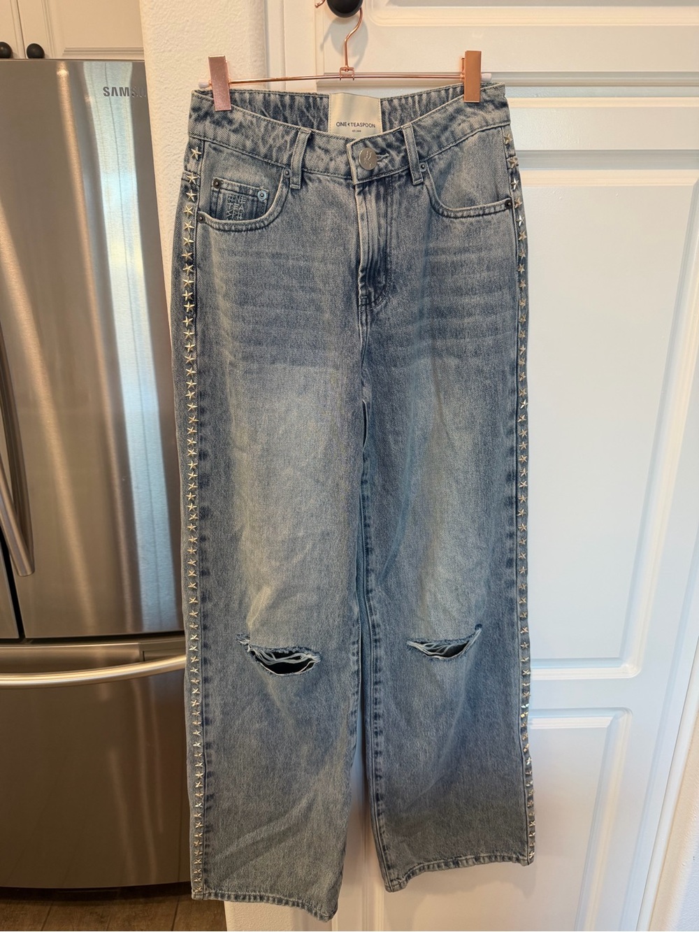 One Teaspoon Light Blue Washed Straight Leg Jeans with Side Stud Trim